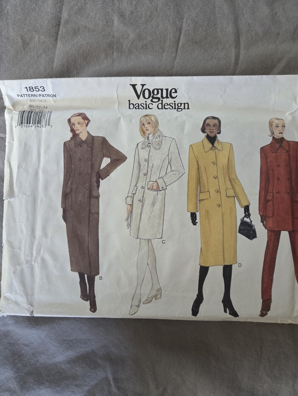 Vogue Basic Design 1853 Misses' Coat Sewing Pattern Size 20-22-24